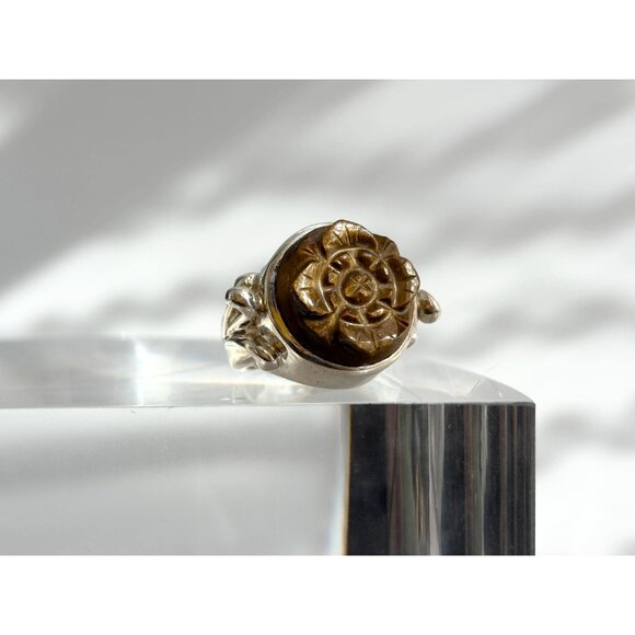 Hand Carved Wood Floral Shaped 925 Sterling Silver Statement Vintage Ring - sz 7 - Picture 6 of 11